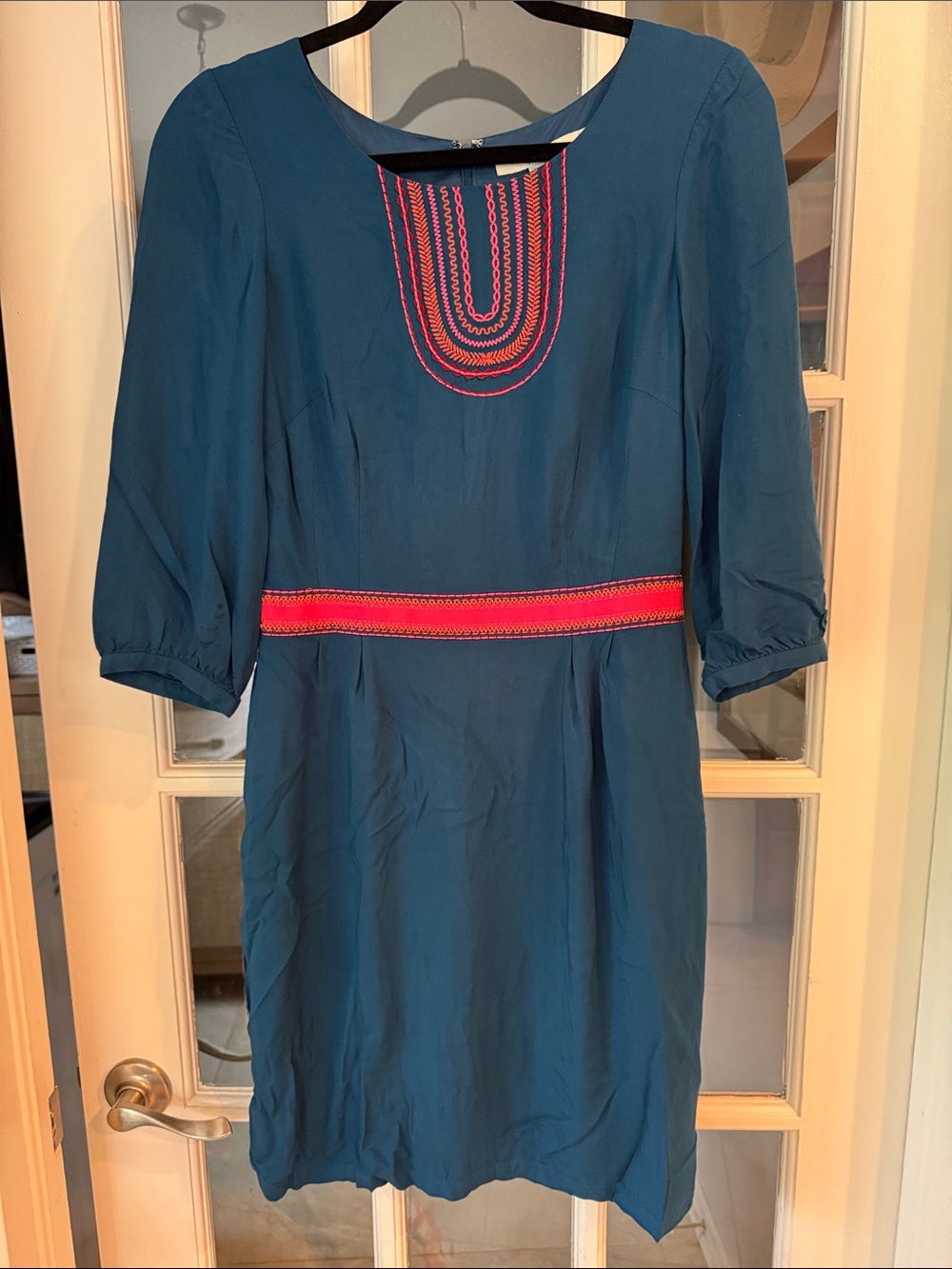 Boden teal blue embroidered shift dress size 6